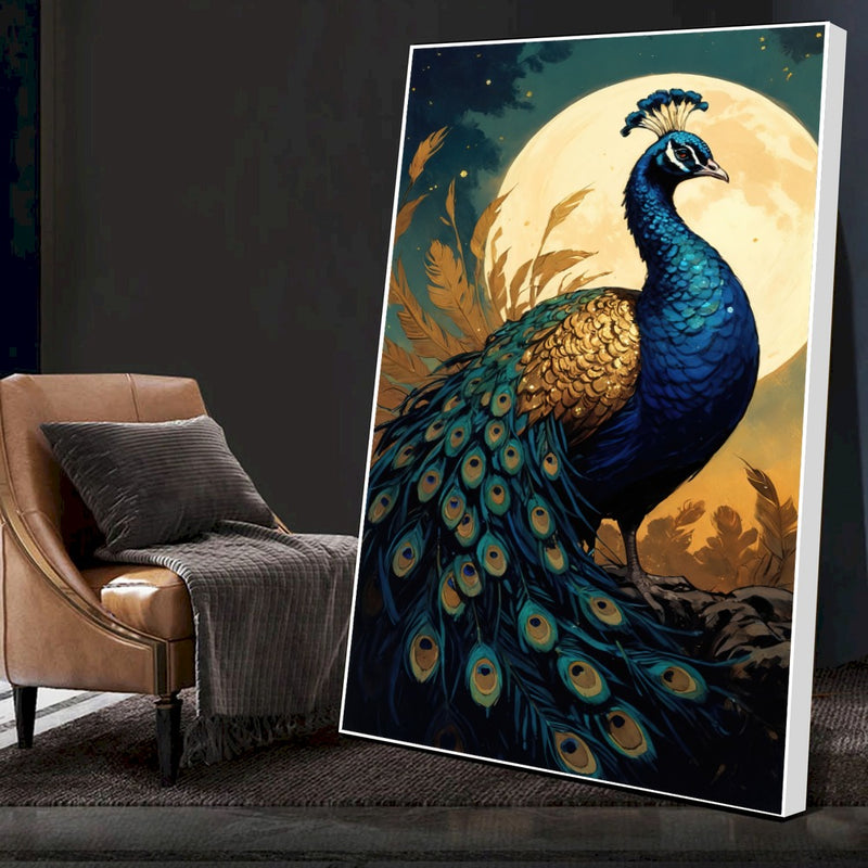 Quadro Pintura Pavão E Lua Cheia