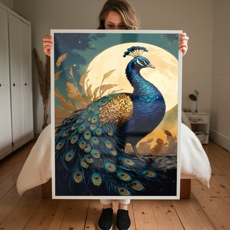 Quadro Pintura Pavão E Lua Cheia