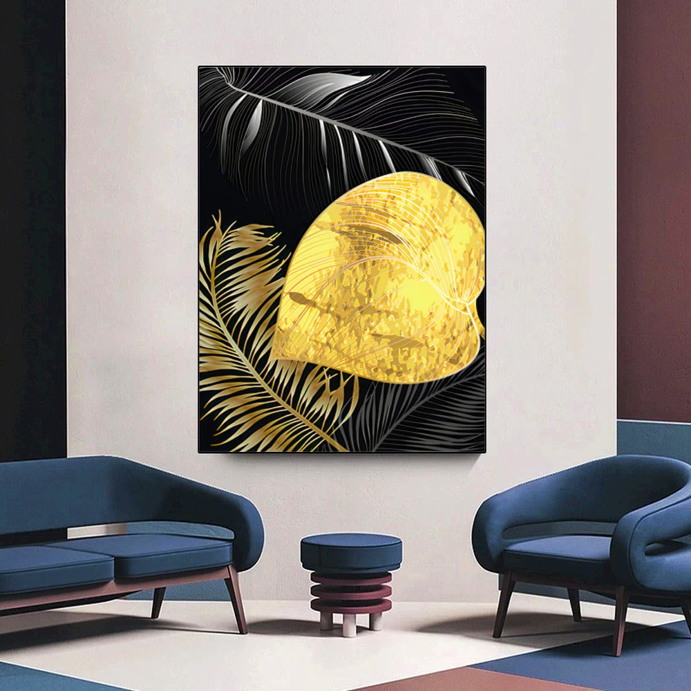 Quadro Folhagem Dourado E Branco Abstratos