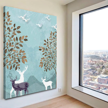 Quadro Paisagem Abstrata Cervos E Aves