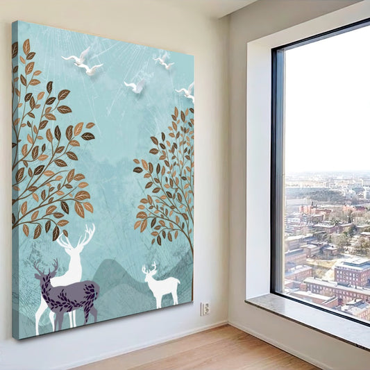Quadro Paisagem Abstrata Cervos E Aves