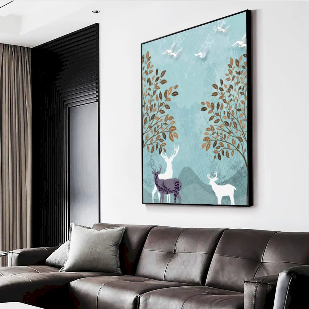 Quadro Paisagem Abstrata Cervos E Aves