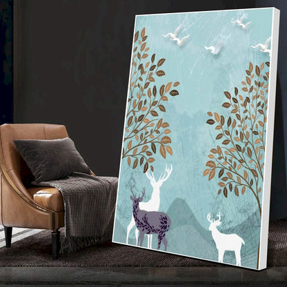 Quadro Paisagem Abstrata Cervos E Aves