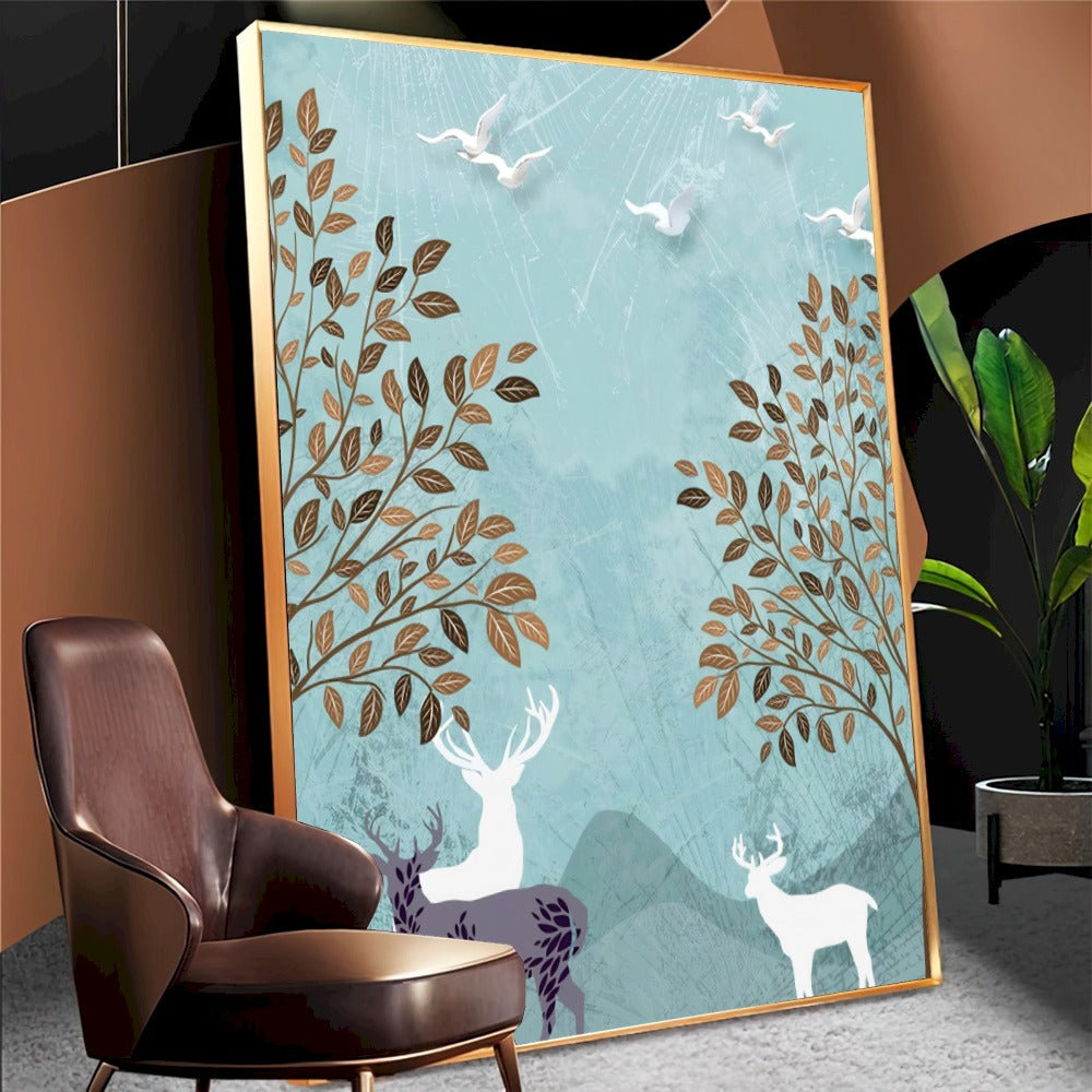 Quadro Paisagem Abstrata Cervos E Aves