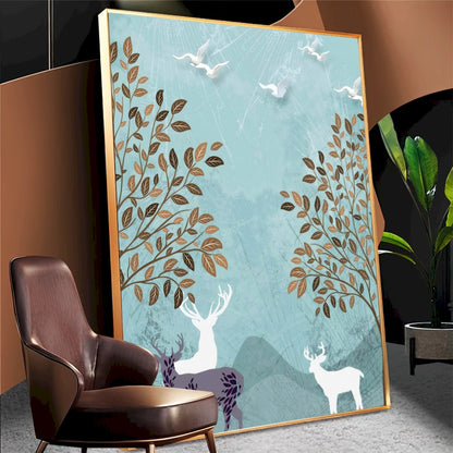 Quadro Paisagem Abstrata Cervos E Aves