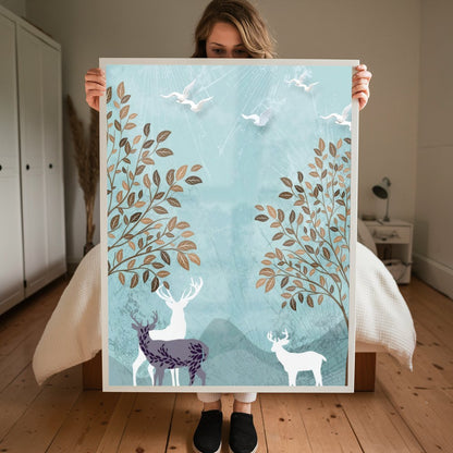 Quadro Paisagem Abstrata Cervos E Aves