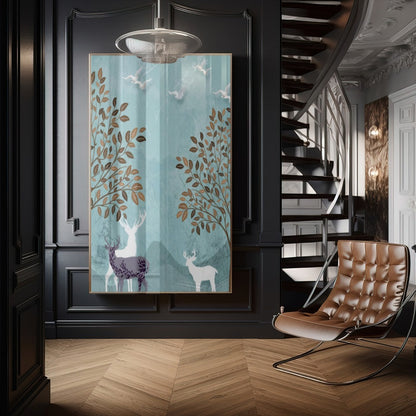 Quadro Paisagem Abstrata Cervos E Aves