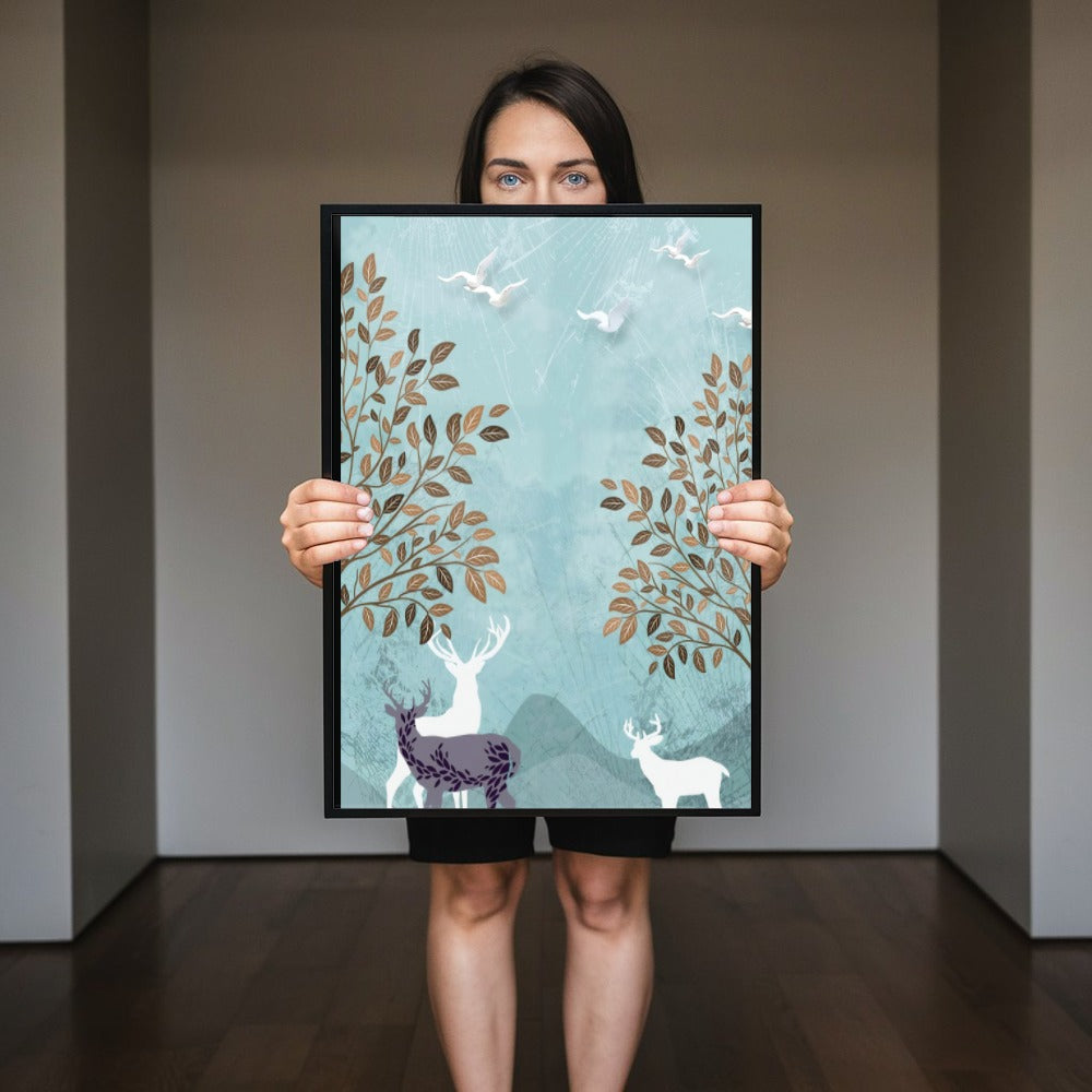 Quadro Paisagem Abstrata Cervos E Aves