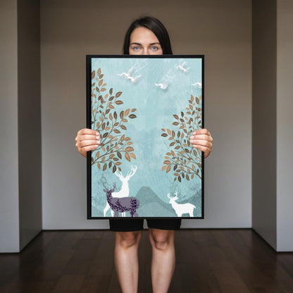 Quadro Paisagem Abstrata Cervos E Aves