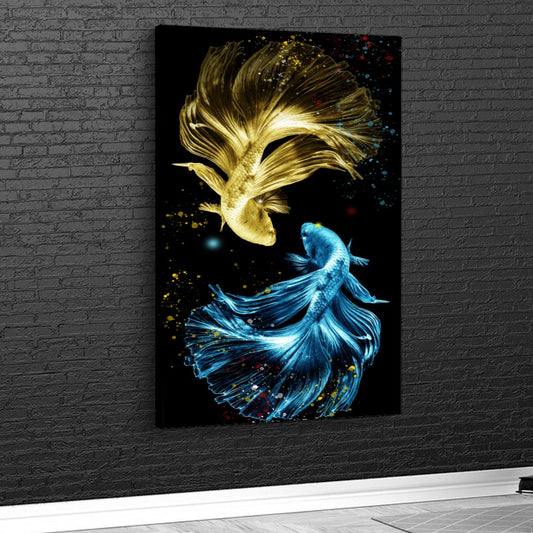 Quadro Peixes Dourados E Azuis