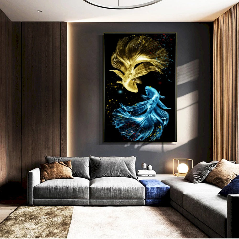 Quadro Peixes Dourados E Azuis