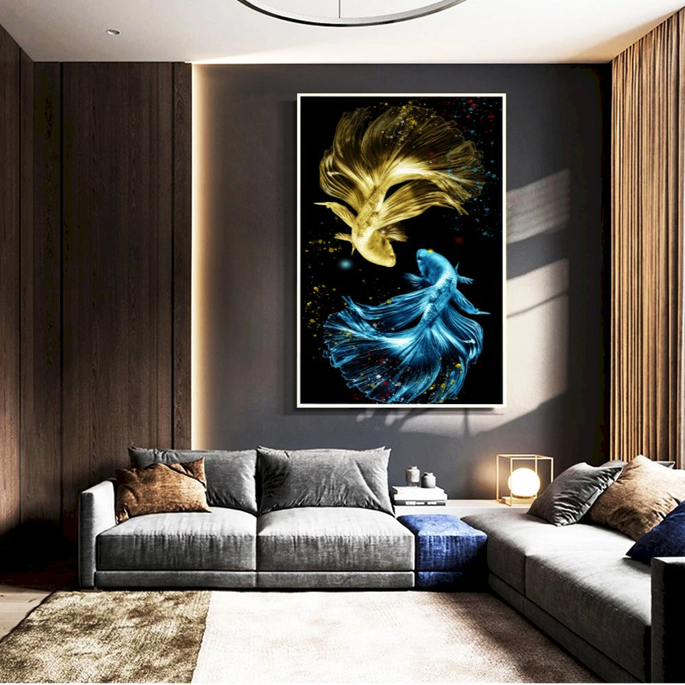 Quadro Peixes Dourados E Azuis