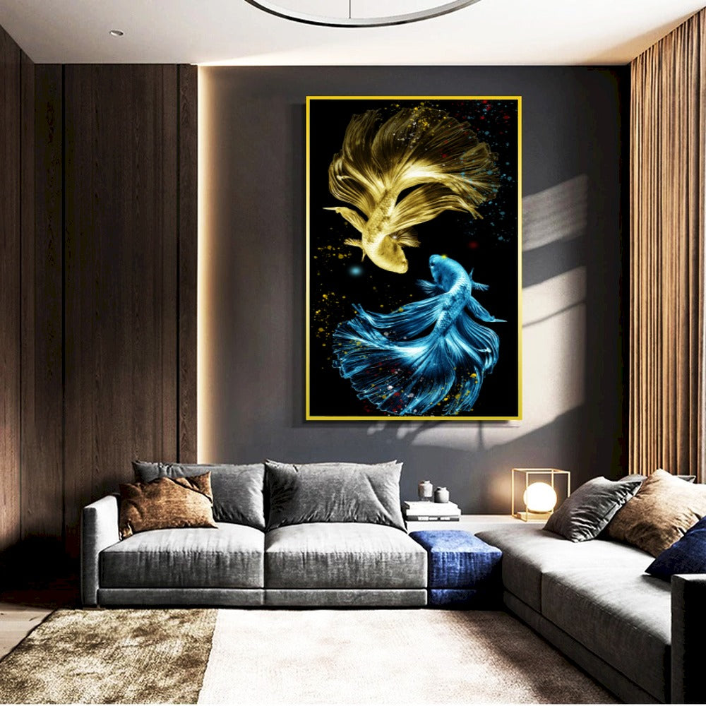 Quadro Peixes Dourados E Azuis