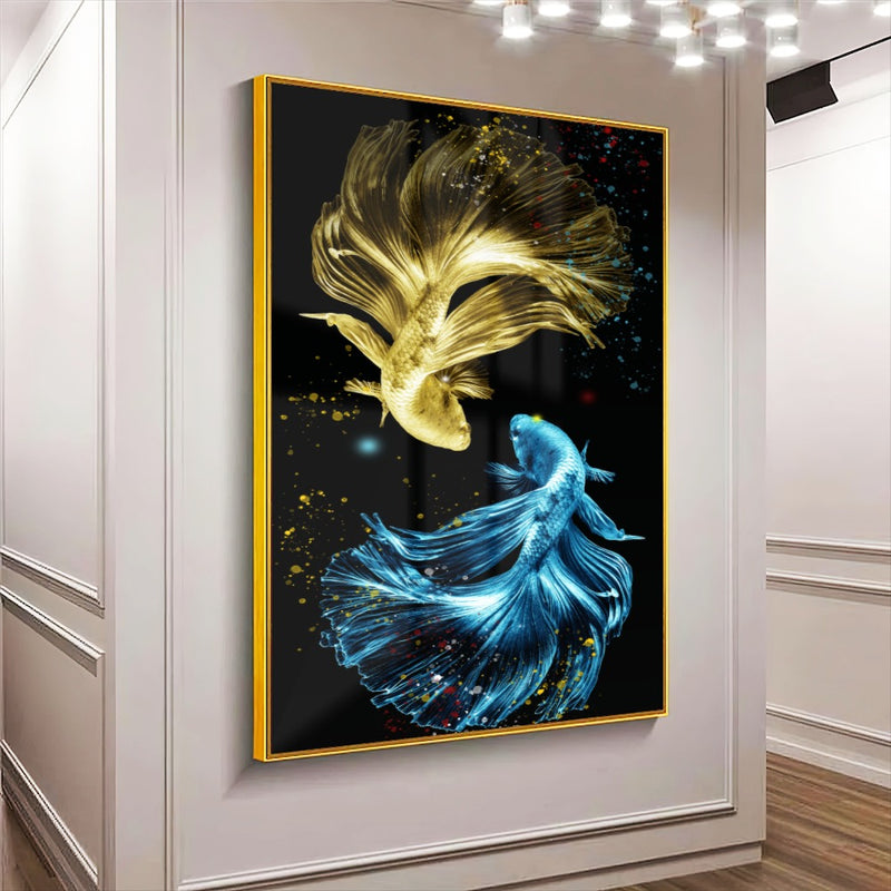 Quadro Peixes Dourados E Azuis