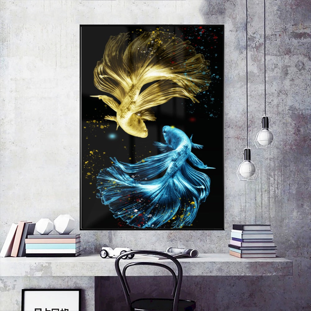 Quadro Peixes Dourados E Azuis