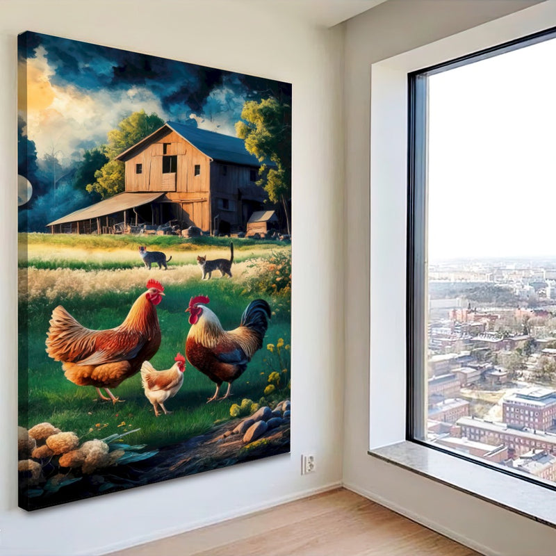 Quadro Sitio Vintage Com Animais E Galpão Velho Estilo Pintura