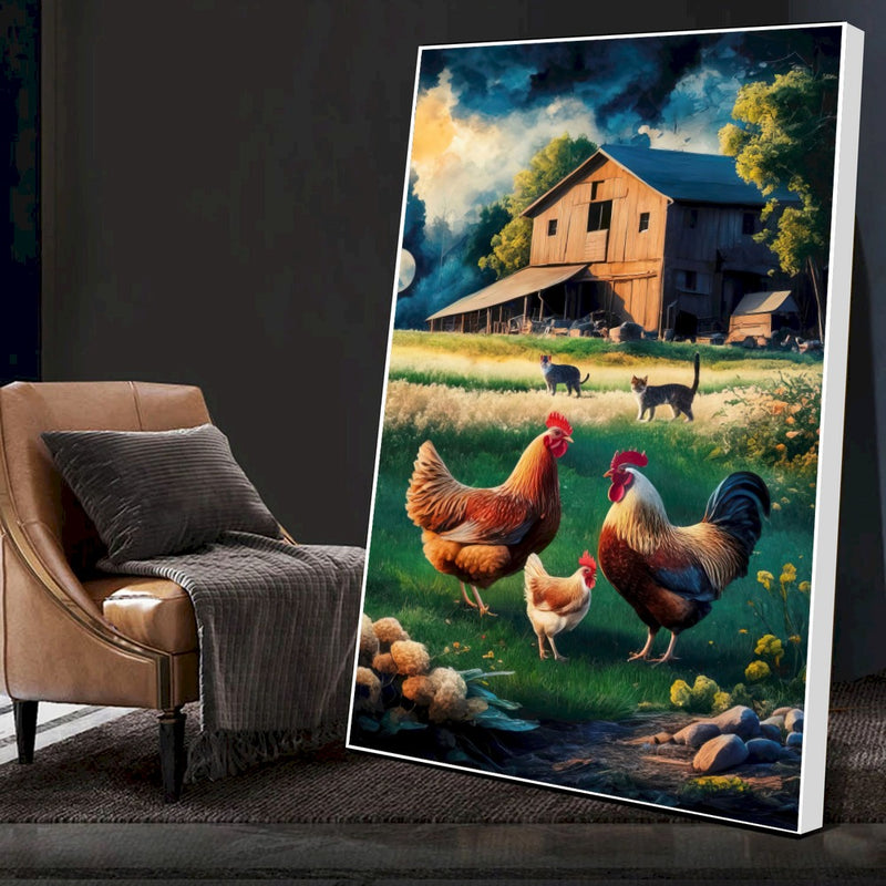 Quadro Sitio Vintage Com Animais E Galpão Velho Estilo Pintura