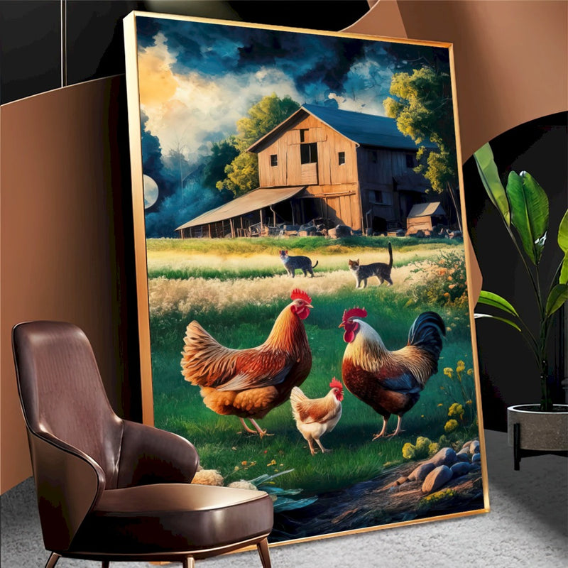 Quadro Sitio Vintage Com Animais E Galpão Velho Estilo Pintura