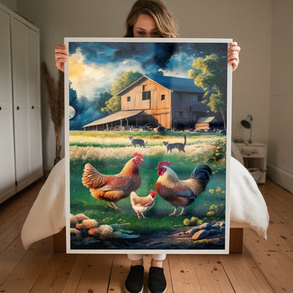 Quadro Sitio Vintage Com Animais E Galpão Velho Estilo Pintura
