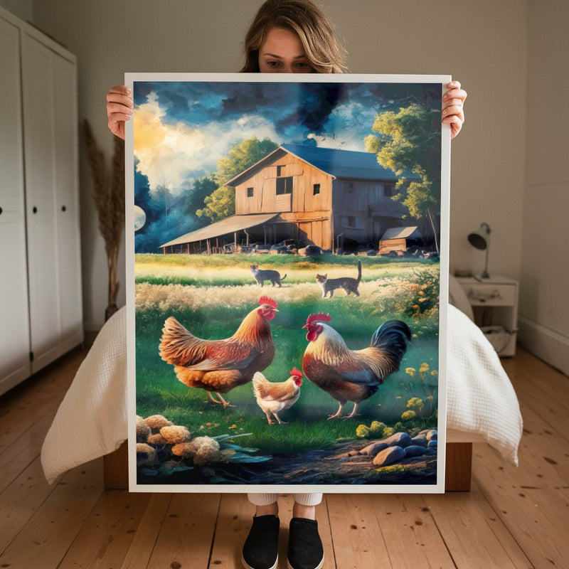 Quadro Sitio Vintage Com Animais E Galpão Velho Estilo Pintura