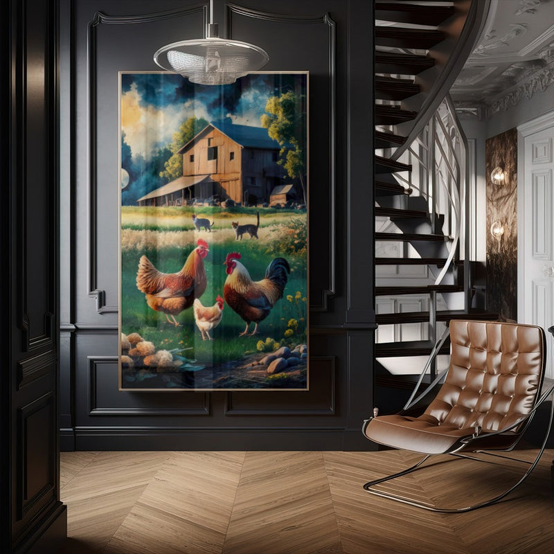 Quadro Sitio Vintage Com Animais E Galpão Velho Estilo Pintura