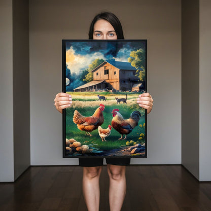 Quadro Sitio Vintage Com Animais E Galpão Velho Estilo Pintura