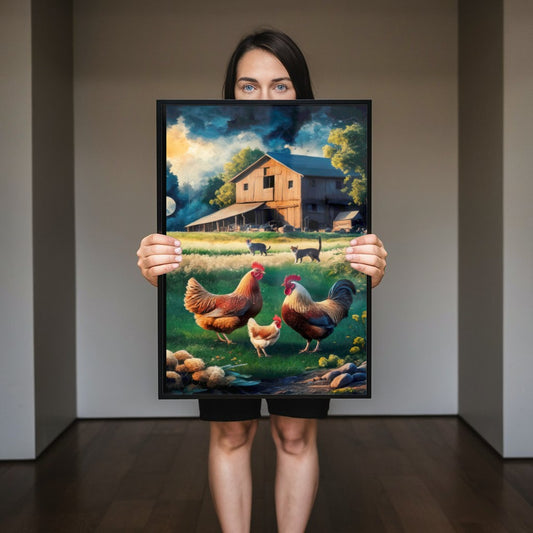 Quadro Sitio Vintage Com Animais E Galpão Velho Estilo Pintura