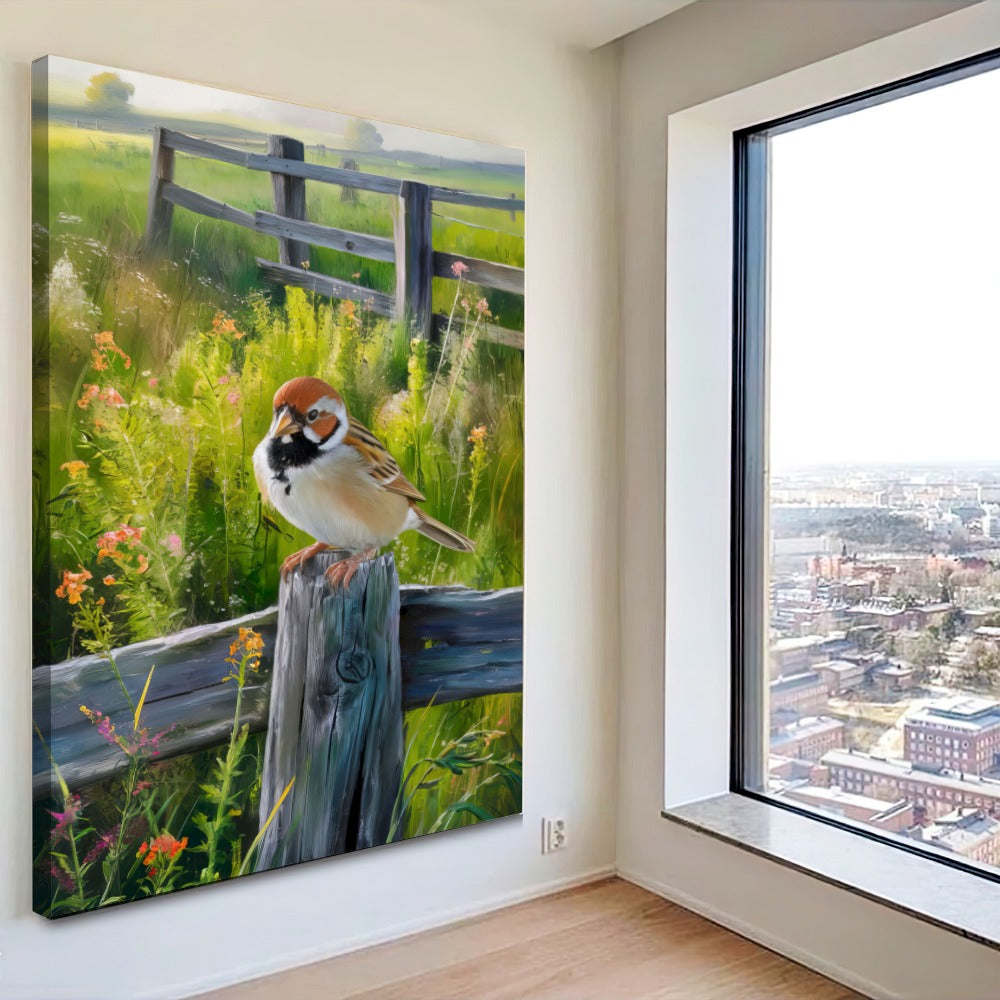 Quadro Passarinho Na Cerca Estilo Pintura