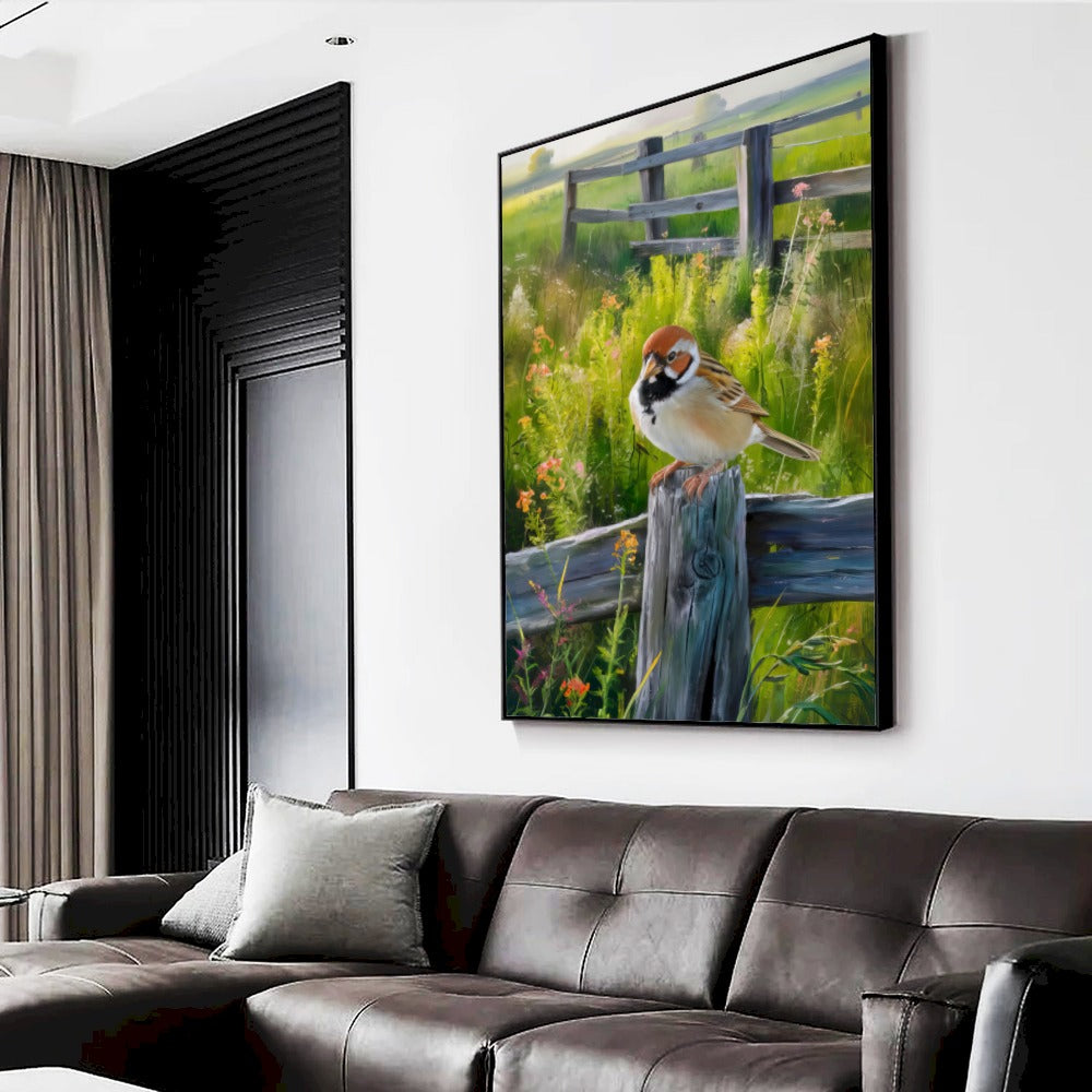 Quadro Passarinho Na Cerca Estilo Pintura