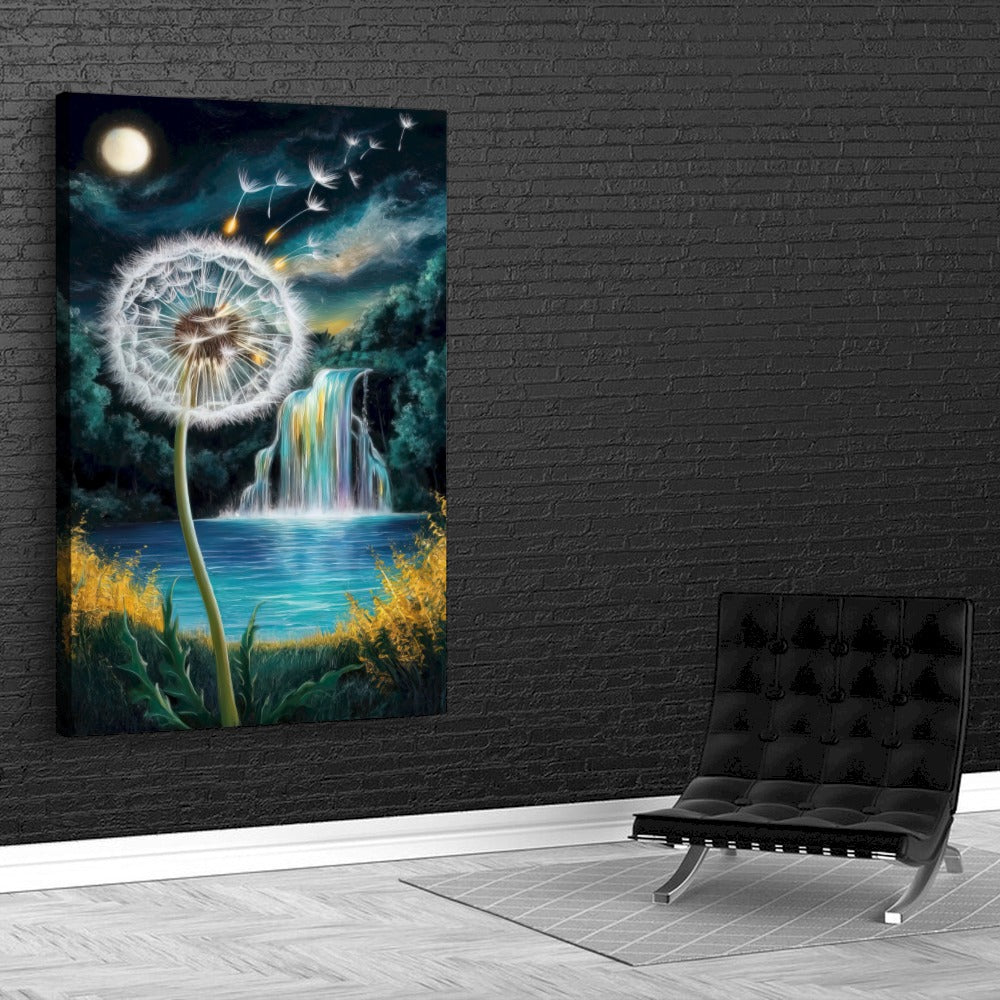 Quadro Dente De Leão E Cachoeira Estilo Pintura