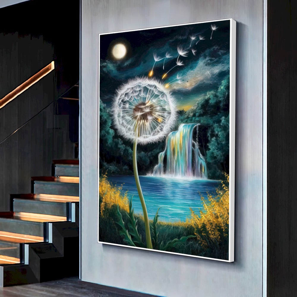 Quadro Dente De Leão E Cachoeira Estilo Pintura