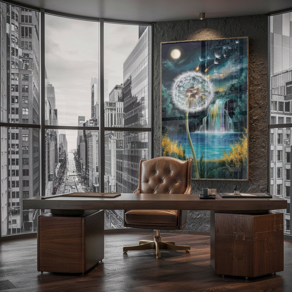 Quadro Dente De Leão E Cachoeira Estilo Pintura