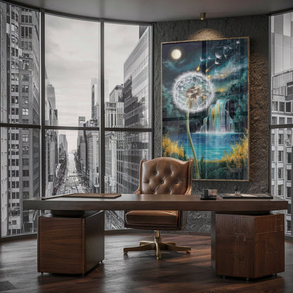 Quadro Dente De Leão E Cachoeira Estilo Pintura