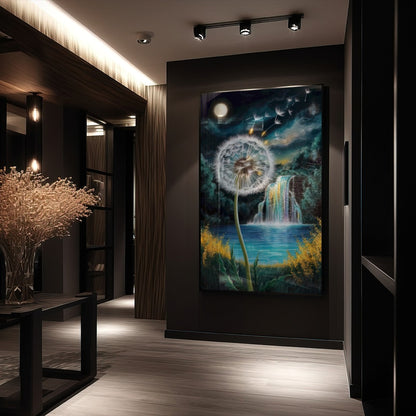 Quadro Dente De Leão E Cachoeira Estilo Pintura