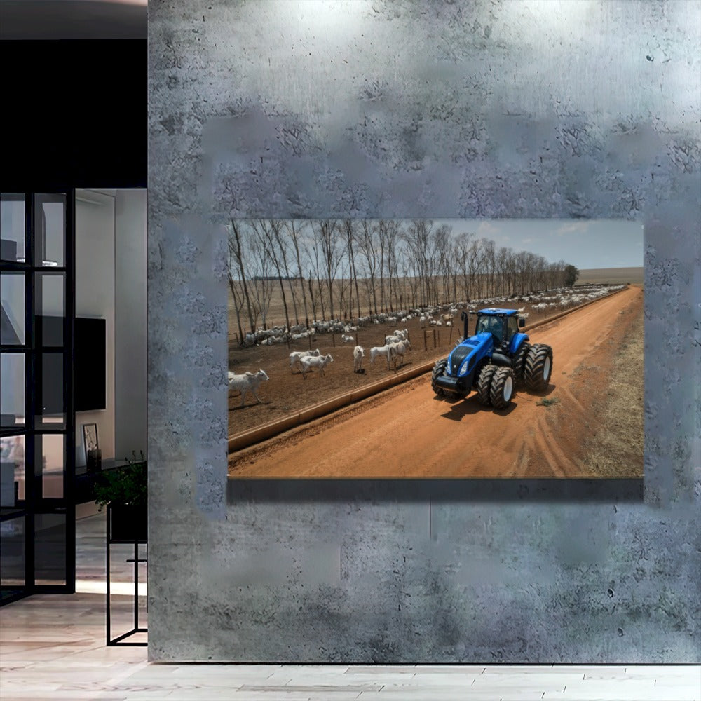 Quadro Olhando O Gado De Trator Na Fazenda