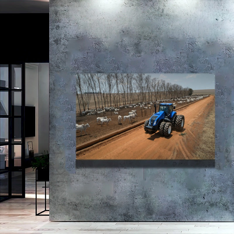 Quadro Olhando O Gado De Trator Na Fazenda