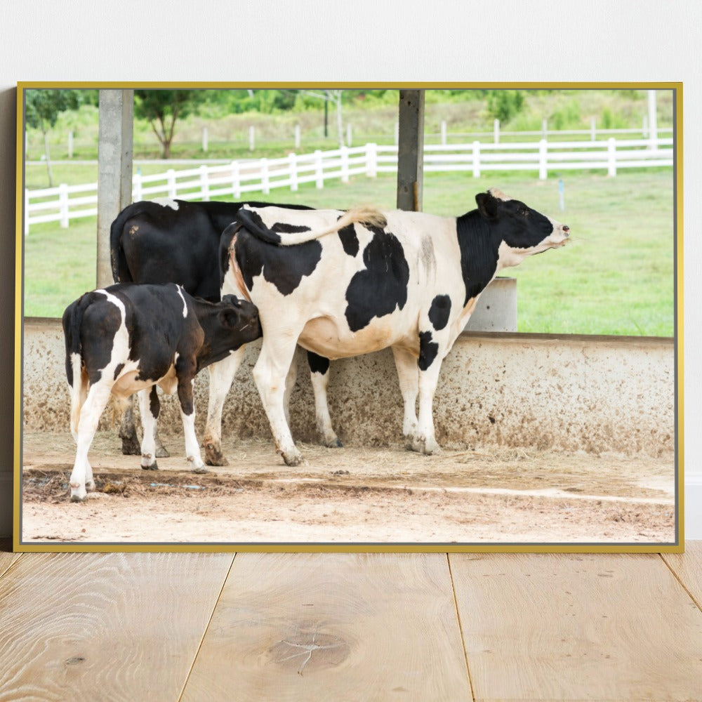 Quadro Vaca Holandesa Dando Mama Para O Bezerro