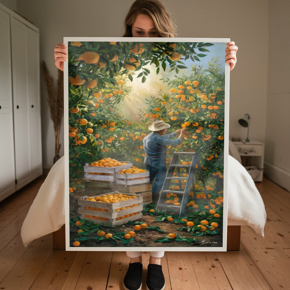 Quadro Camponês Colhendo Laranja