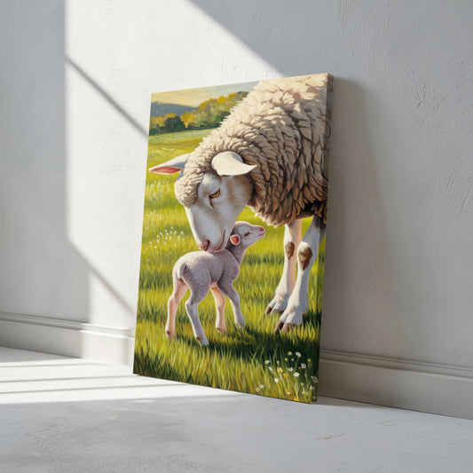 Quadro de ovelha e filhote em ambiente rural – Agro Quadros