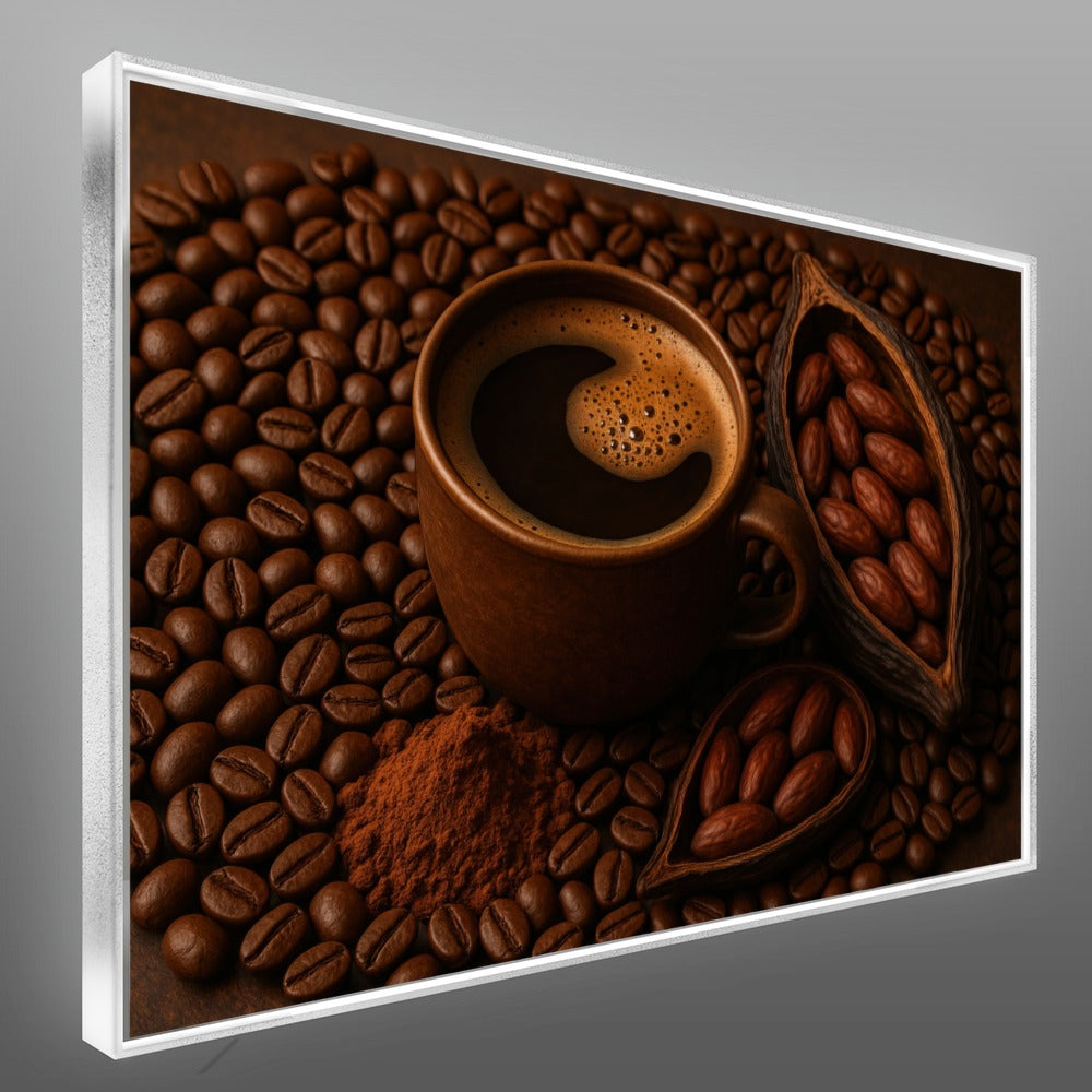 Quadro xícara com grãos de café e cacau – Agro Quadros