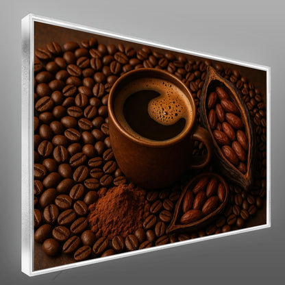 Quadro xícara com grãos de café e cacau – Agro Quadros