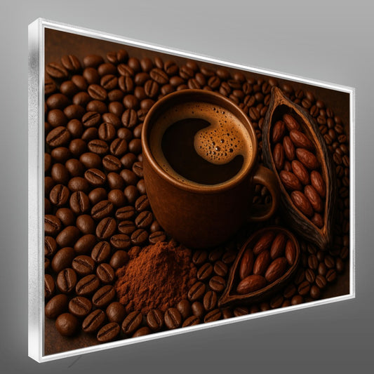 Quadro xícara com grãos de café e cacau – Agro Quadros