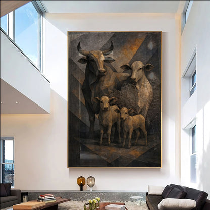 Quadro Boi Vaca E Terneiros Art Low Poly