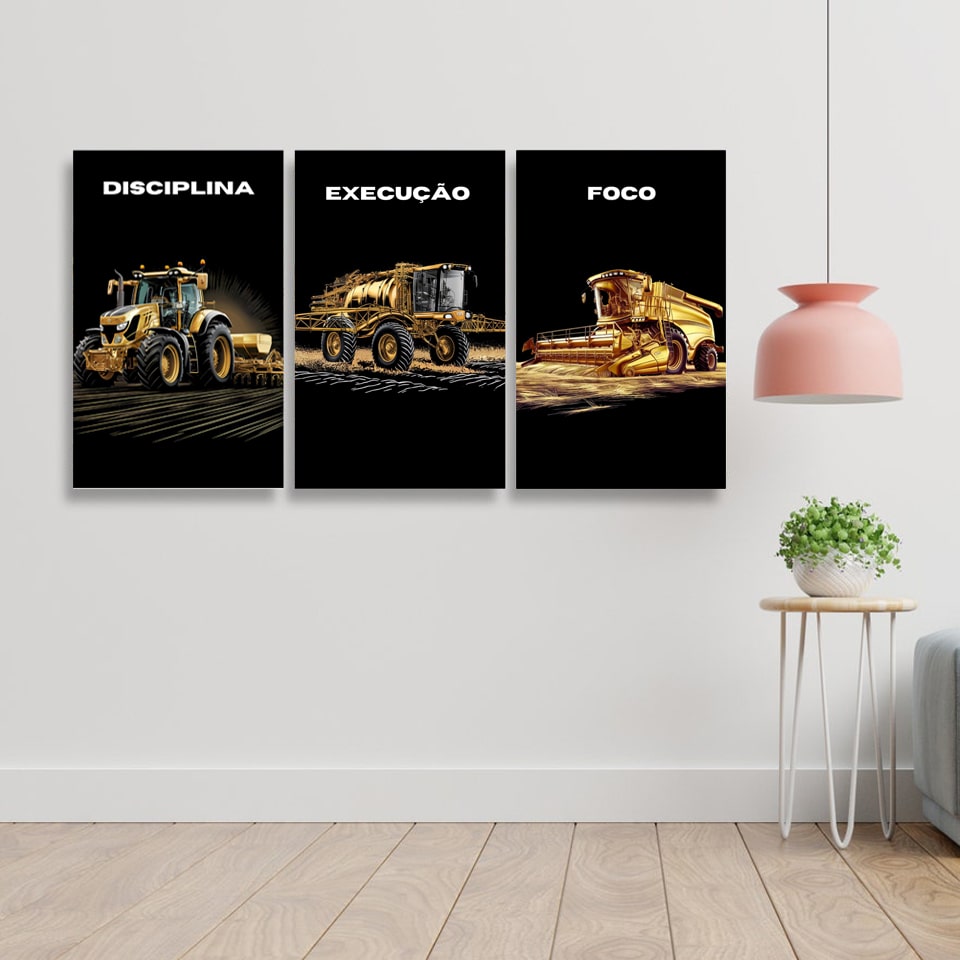 Kit 3 Quadros Disciplina, Execução e Foco Agro Fundo Blackout Gold