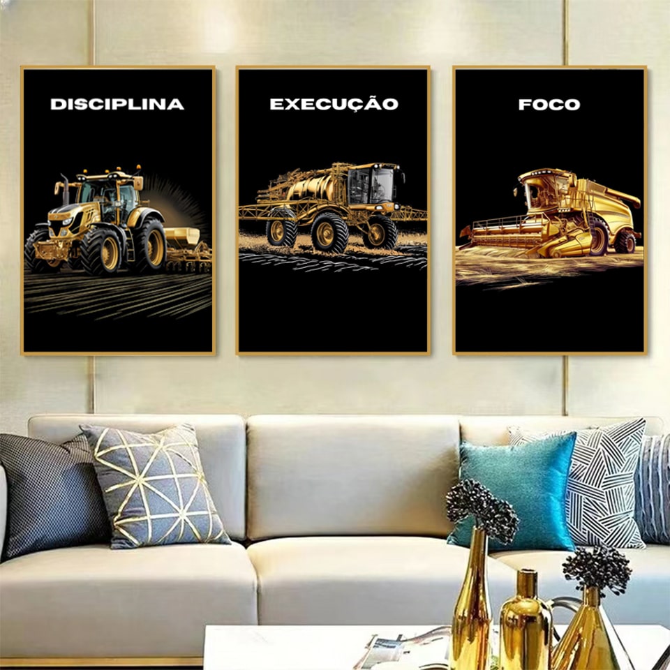 Kit 3 Quadros Disciplina, Execução e Foco Agro Fundo Blackout Gold