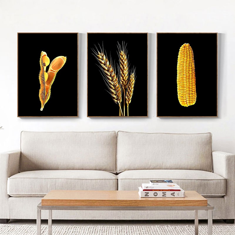 Kit 3 Quadros Sementes Soja, Milho, Trigo Fundo Black