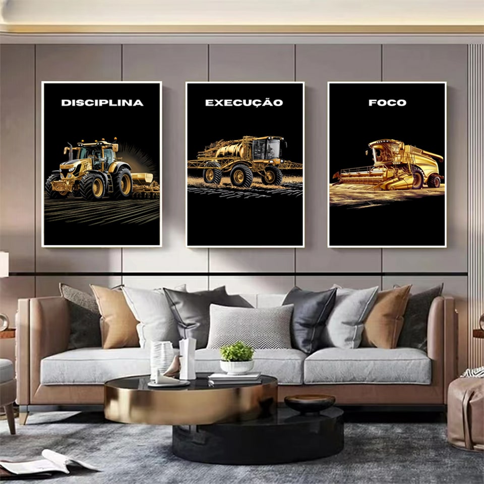 Kit 3 Quadros Disciplina, Execução e Foco Agro Fundo Blackout Gold