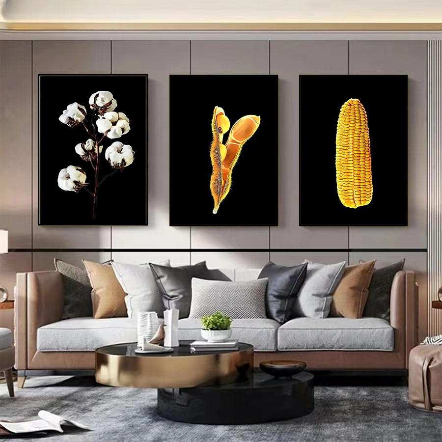 Kit 3 Quadros Algodão, Soja e Milho Fundo Black